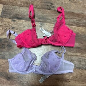victoria's secret lavender and hot pink lace heart embroidered bralettes
